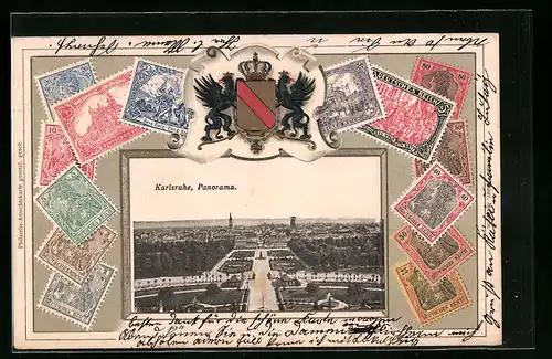 Präge-AK Karlsruhe, Panorama, Wappen und Briefmarken