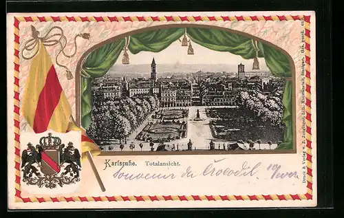 Passepartout-Lithographie Karlsruhe, Ausblick vom Schloss, Wappen