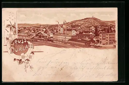 Lithographie Durlach, Teilansicht mit Bahnhof