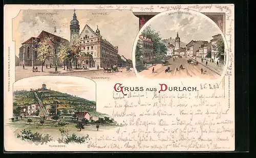 Lithographie Karlsruhe-Durchlach, Rathaus, Hauptstrasse & Turmberg