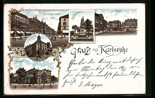 Lithographie Karlsruhe, Kaiserstrasse mit Geschäften, Festhalle, Marktplatz, Kriegerdenkmal