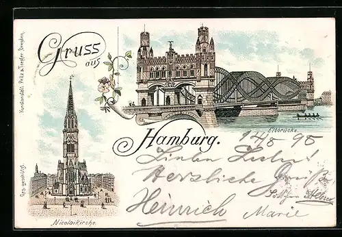 Lithographie Hamburg, Elbbrücke und Nicolaikirche