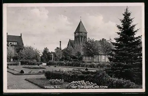 AK Welzow, Max Thomasplatz mit Kirche