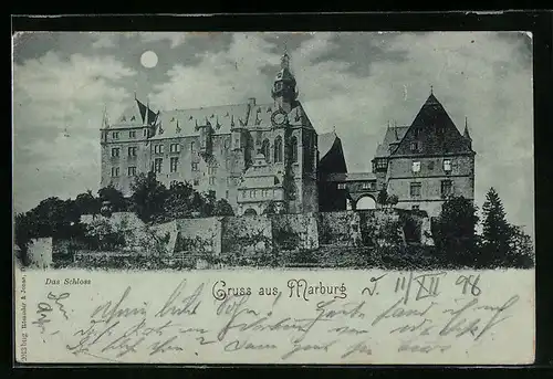 Mondschein-AK Marburg, Ansicht vom Schloss im Vollmond