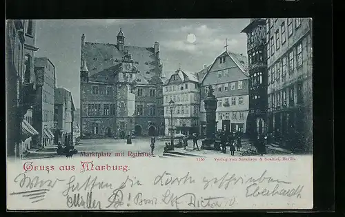 Mondschein-AK Marburg, Marktplatz mit Rathaus