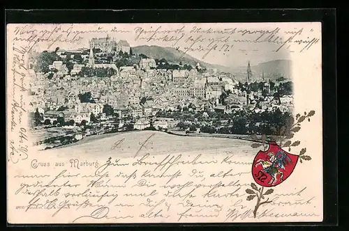 AK Marburg, Ortsansicht mit Wappen