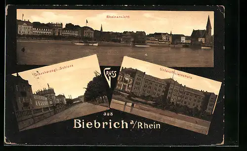 AK Biebrich a. Rhein, Rheinansicht, Grossherzogl. Schloss, Unteroffizierschule