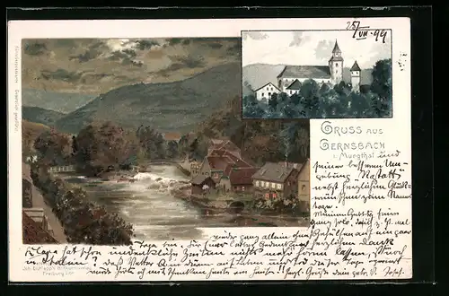 Lithographie Gernsbach i. Murgthal, Panorama mit Flusspartie