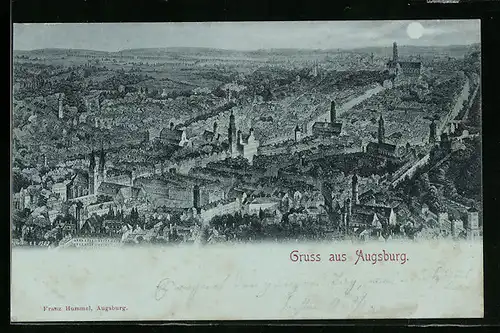 Mondschein-AK Augsburg, Ortsansicht im Vollmond