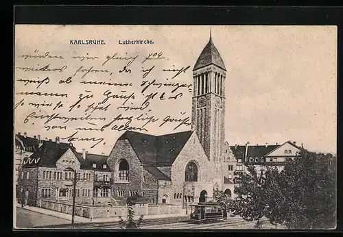 AK Karlsruhe, Blick zur Lutherkirche, Strassenbahn