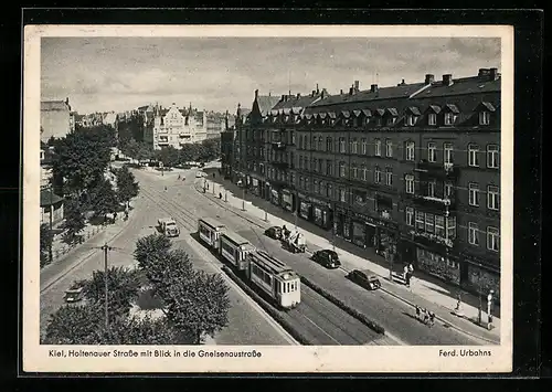 AK Kiel, Holtenauer Strasse mit Blick in die Gneisenaustrasse, Strassenbahn