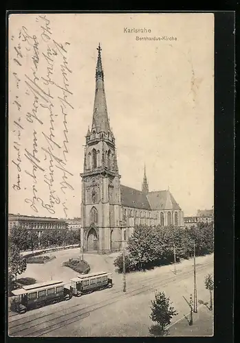 AK Karlsruhe, Bernhardus-Kirche mit Strassenbahn