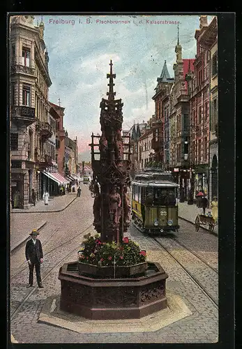 AK Freiburg i. Br., Fischbrunnen in der Kaiserstrasse, Strassenbahn