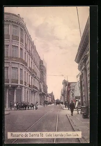 AK Rosario de Santa Fé, Calle Laprida y San Luis, Strassenbahn