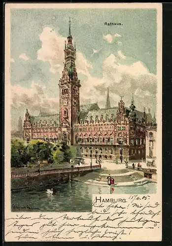 Lithographie Hamburg, Rathaus, Strassenbahn