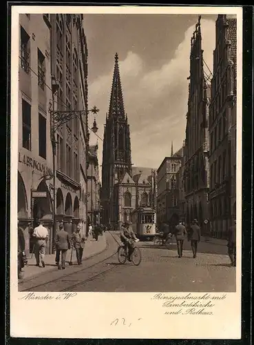 AK Münster i. W., Prinzipalmarkt mit Lambertikirche und Rathaus, Strassenbahn