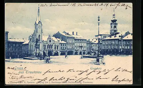 AK Trautenau, Ringplatz mit Brunnen