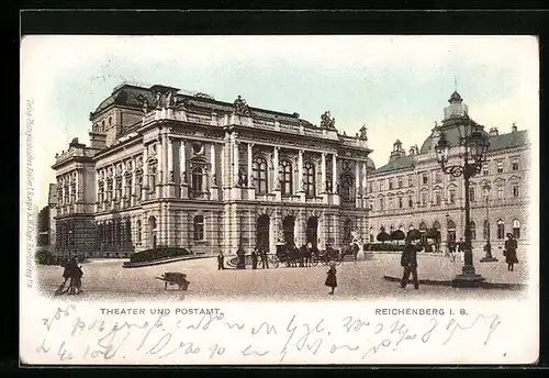 AK Reichenberg / Liberec, Theater und Postamt