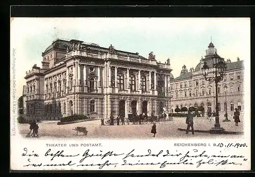 AK Reichenberg / Liberec, Theater und Postamt