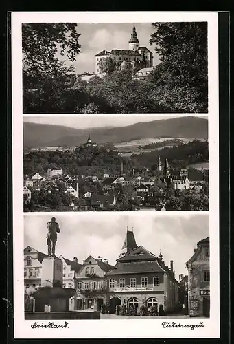 AK Friedland / Frydlant, Hotel zum schwarzen Adler, Schloss, Panorama