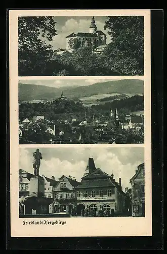 AK Friedland / Frydlant, Hotel zum schwarzen Adler, Schloss, Panorama