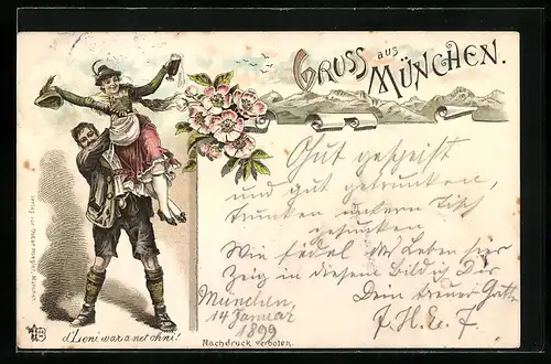 Lithographie München, Mann hebt Frau hoch, Bergpanorama