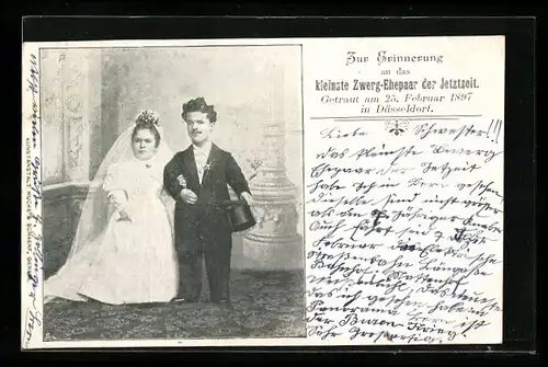 AK Düsseldorf, Zwerg-Ehepaar getraut 1897, Liliputaner