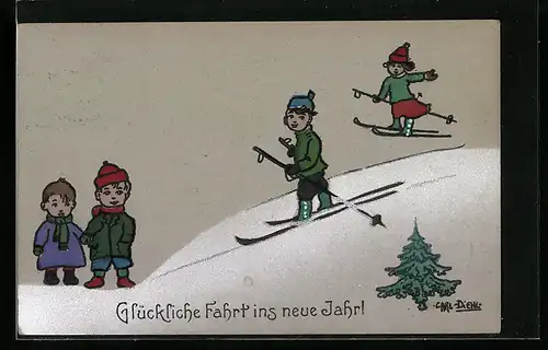 Künstler-AK Carl Diehl: Skifahrer auf einem Berg, Neujahrsgruss