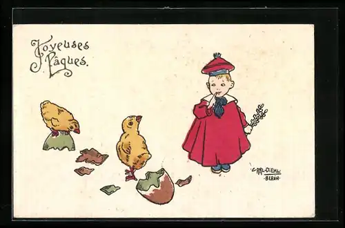 Künstler-AK Carl Diehl: Kind mit Osterküken, Ostergruss