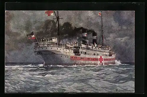 Künstler-AK Zeno Diemer: Lazarettschiff auf See, Rotes Kreuz