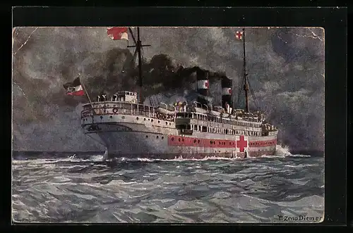 Künstler-AK Zeno Diemer: Lazarettschiff auf See, Rotes Kreuz