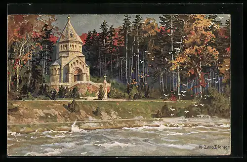 Künstler-AK Zeno Diemer: Starnberger See, Votivkirche für Ludwig II.