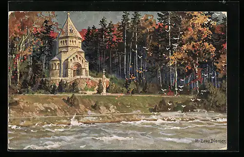 Künstler-AK Zeno Diemer: Starnberger See, Votivkirche für Ludwig II.