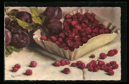 Künstler-AK Carlo Chiostri: Stillleben Pflaumen und Himbeeren