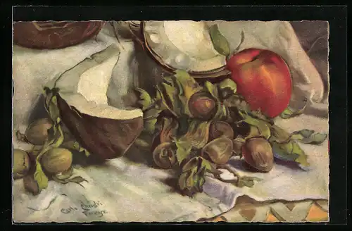 Künstler-AK Carlo Chiostri: Kokosnuss mit Pfirsich und Haselnüssen