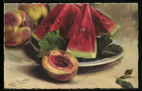 Künstler-AK Carlo Chiostri: Stillleben, Melone und Pfirsiche auf einem Teller