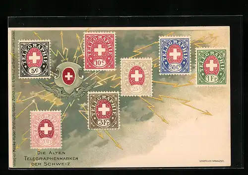 Lithographie die Alten Telegraphenmarken der Schweiz, Gewitter, Blitze