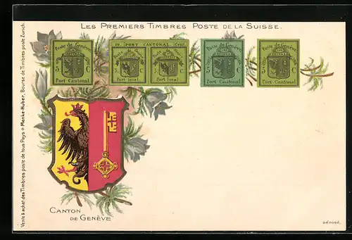 AK Briefmarken aus dem schweizer Genf mit Wappen