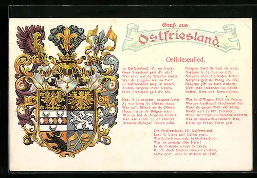 Künstler-AK Ostfriesland, Ostfriesenlied, Ritterhelm und Wappen