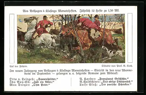 AK Zeitungsartikel aus Velhagen und Klasins Monatsheften, Männer im schnellen Galopp durch den Wald