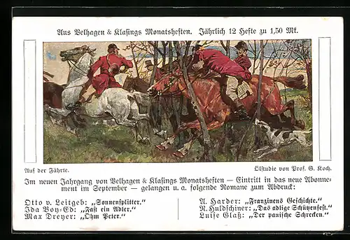 AK Zeitungsartikel aus Velhagen und Klasins Monatsheften, Männer im schnellen Galopp durch den Wald