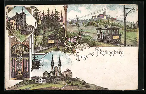 Lithographie Pöstlingberg, Bergbahn, Kirche mit Altar