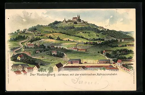 Lithographie Pöstlingberg, Panorama mit der elektrischen Adhäsionsbahn