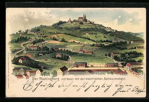 Lithographie Pöstlingberg, Teilansicht mit der elektrischen Adhäsionsbahn
