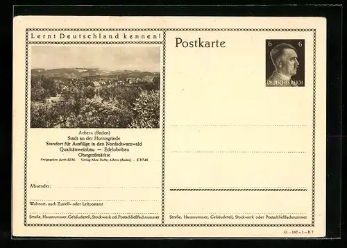 AK Achern an der Hornisgrinde /Baden, Teilansicht, Ganzsache Lernt Deutschland kennen