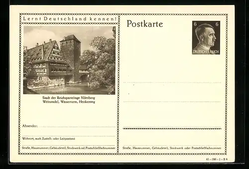 AK Nürnberg, Weinstadel, Wasserturm, Henkersteg, Ganzsache Lernt Deutschland kennen