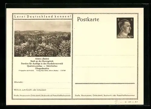 AK Achern /Baden, Ortsansicht, Ganzsache Lernt Deutschland kennen