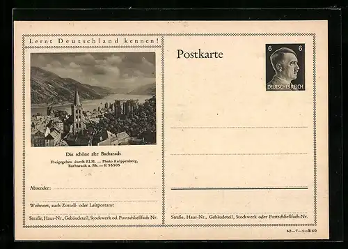 AK Bacharach, Ortsansicht mit Blick auf Kirche, Ganzsache Lernt Deutschland kennen