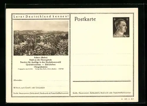 AK Achern /Baden, Ortsansicht, Ganzsache Lernt Deutschland kennen