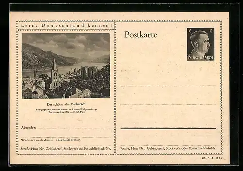 AK Bacharach, Ortsansicht am Wasser, Ganzsache Lernt Deutschland kennen
